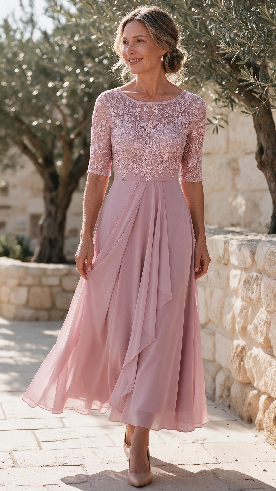 The Rosalie Lace Midi Dress in Pink