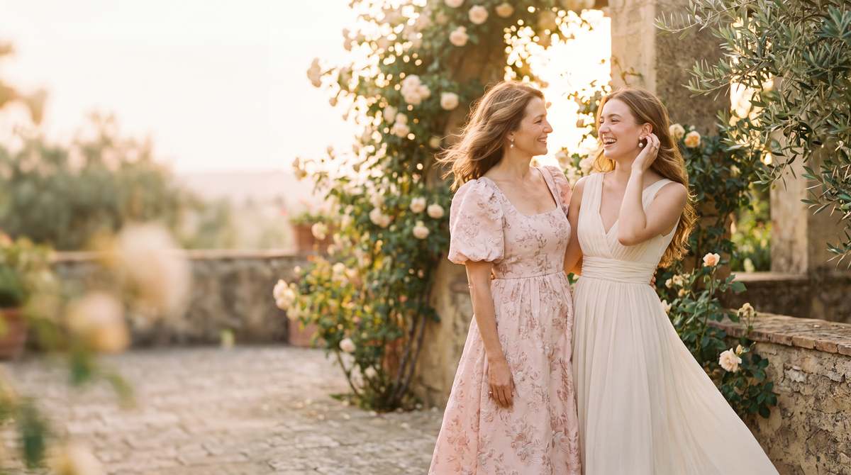 Mother and daughter in timeless maxi dresses in a sunlit garden