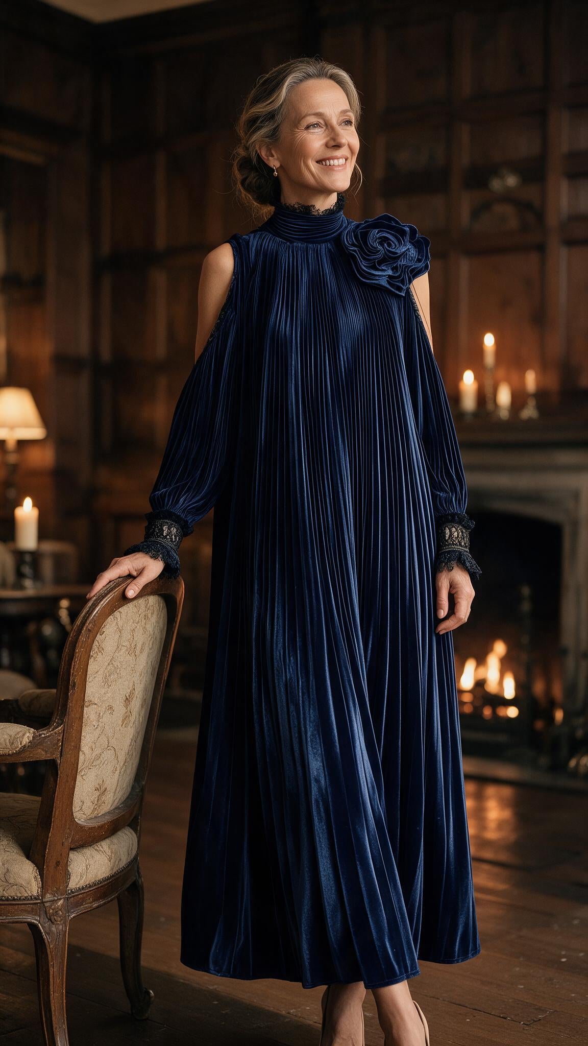 The Marguerite Pleated Gown in Navy