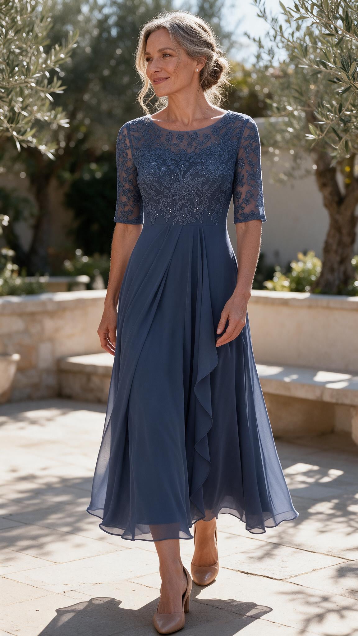 The Rosalie Lace Midi Dress in Blue