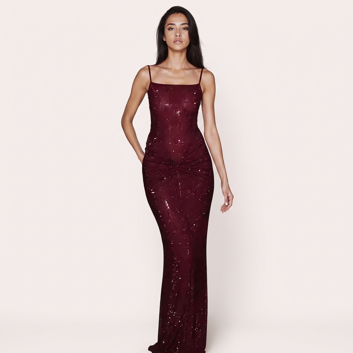 The Bordeaux Shimmer Maxi Dress
